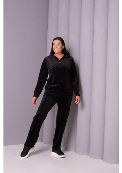 Kadın Büyük Beden Siyah, Kapüşonlu Kadife Eşofman Takım 65N39180