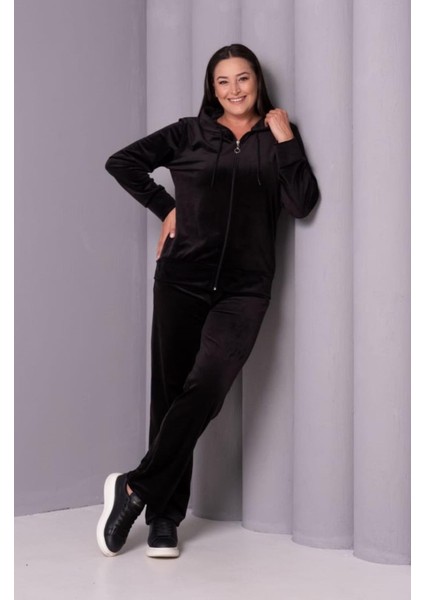 Kadın Büyük Beden Siyah, Kapüşonlu Kadife Eşofman Takım 65N39180 fiyatları