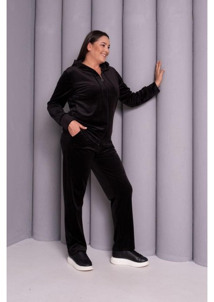 Kadın Büyük Beden Siyah, Kapüşonlu Kadife Eşofman Takım 65N39180 fırsatları