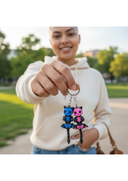 Iskelet Kedi Anahtarlık Seti – Mavi & Pembe modelleri