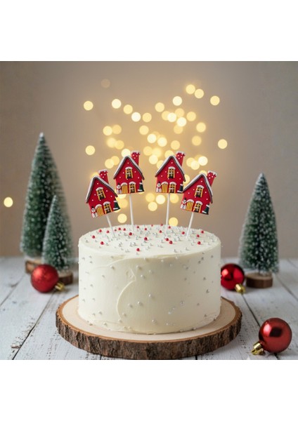5 Adet Yılbaşı Kış Evi Pasta Süsü Seti - Noel Temalı Zencefilli Ev Cupcake Topper Figürü