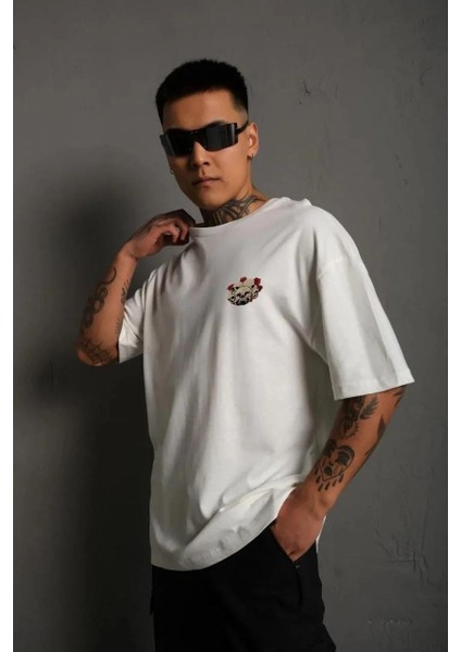 Unisex Bisiklet Yaka Baskılı Oversize T-Shirt - Beyaz
