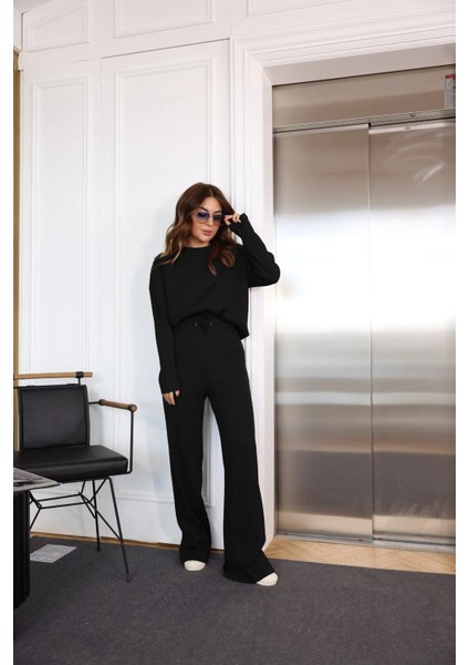 Kadın Fitilli Yüksek Bel Rahat Uzun Kollu Alt Üst Takım