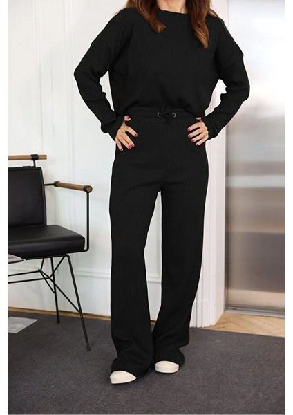 Kadın Fitilli Yüksek Bel Rahat Uzun Kollu Alt Üst Takım modelleri