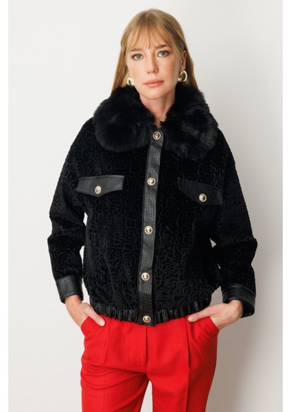 Kadın Yakası Kürklü Deri Detaylı Mont 6611 Siyah