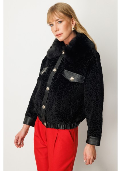 Kadın Yakası Kürklü Deri Detaylı Mont 6611 Siyah fiyatları