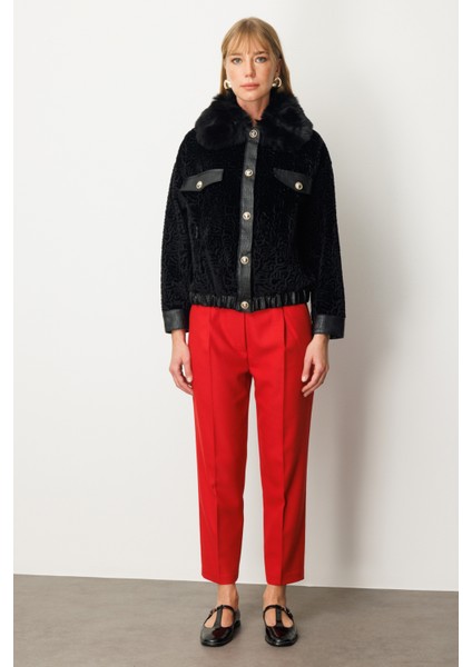 Kadın Yakası Kürklü Deri Detaylı Mont 6611 Siyah modelleri