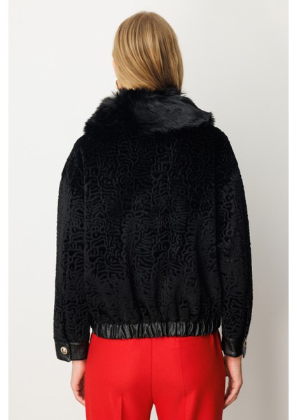 Kadın Yakası Kürklü Deri Detaylı Mont 6611 Siyah fırsatları