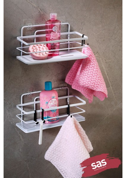 2’li Beyaz Yapışkanlı Ayarlanabilir Banyo Rafı, Paslanmaz Kristal Şampuanlık, (Yapıştır/vidala) Lş-01 - Bb