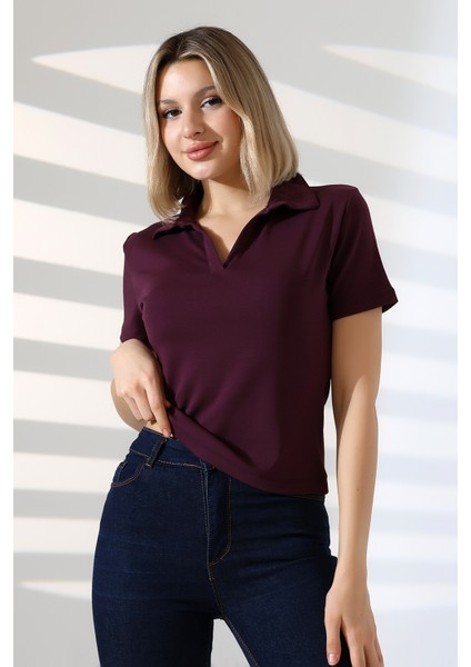 Relax Fit Rahat Kesim Pamuklu Ribana Gömlek Yaka Kısa Kol Basic Kadın Tshirt 22023 Mürdüm