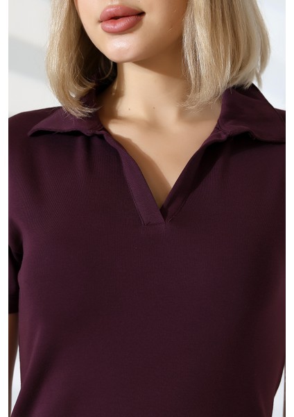 Relax Fit Rahat Kesim Pamuklu Ribana Gömlek Yaka Kısa Kol Basic Kadın Tshirt 22023 Mürdüm fiyatları