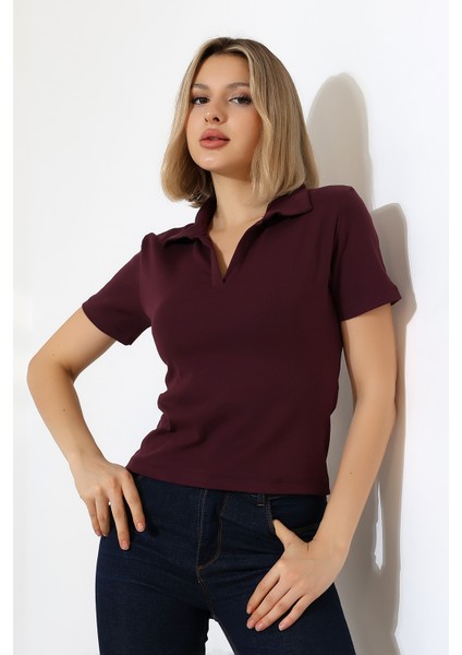 Relax Fit Rahat Kesim Pamuklu Ribana Gömlek Yaka Kısa Kol Basic Kadın Tshirt 22023 Mürdüm modelleri