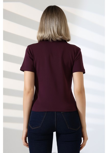 Relax Fit Rahat Kesim Pamuklu Ribana Gömlek Yaka Kısa Kol Basic Kadın Tshirt 22023 Mürdüm fırsatları