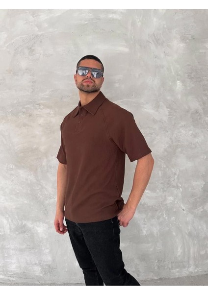 Yakalı Patlı Kısa Kol T-Shirt - Kahverengi
