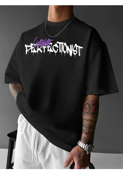 Erkek Oversizegrafik Tişört "campbrastcooperatıon" Kalın Yazı Bisiklet Yaka, Kısa Kol, Kalın Mor ve Siyah Desenli Yazlık Sokak Kıyafeti - Siyah fiyatları