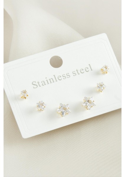 6 Adet Yıldız Zirkon Taşlı Çelik Küpe