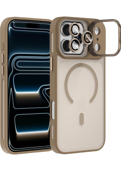 Apple iPhone 17 Pro Lens Hediyeli Kapak Kamera Korumalı Wireless Şarj Özellikli Standlı Premium Kılıf - Çöl Titanyum
