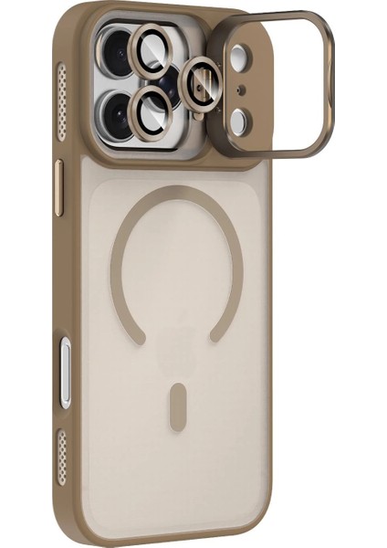 Apple iPhone 17 Pro Lens Hediyeli Kapak Kamera Korumalı Wireless Şarj Özellikli Standlı Premium Kılıf - Çöl Titanyum fiyatları