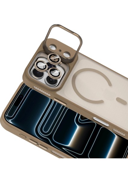 Apple iPhone 17 Pro Lens Hediyeli Kapak Kamera Korumalı Wireless Şarj Özellikli Standlı Premium Kılıf - Çöl Titanyum modelleri