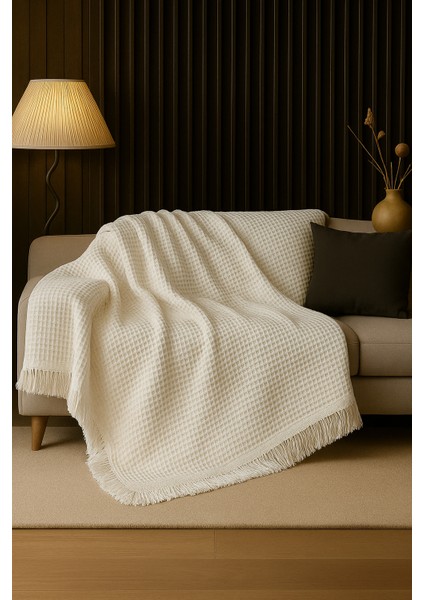 Pamuklu Dokulu Ekru Koltuk Şalı 170X220 cm – Saçaklı Tv Battaniyesi & Dekoratif Koltuk Örtüsü