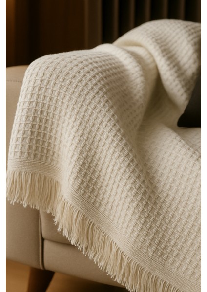 Pamuklu Dokulu Ekru Koltuk Şalı 170X220 cm – Saçaklı Tv Battaniyesi & Dekoratif Koltuk Örtüsü modelleri