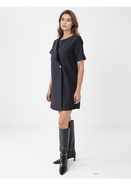 Siyah Bisiklet Yaka Düğme Detaylı Dokuma Mini Elbise fiyatları