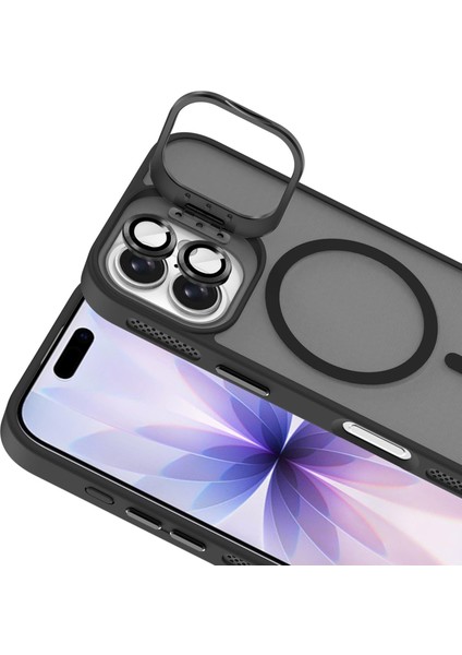 Apple iPhone 17 Lens Hediyeli Kapak Kamera Korumalı Wireless Şarj Özellikli Standlı Premium Kılıf - Siyah modelleri