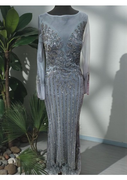 Özel Gün Nişan Söz Balo Taşlı Simli Payetli Tül Detay Özel Tasarım Balık Uzun Abiye Gri fiyatları