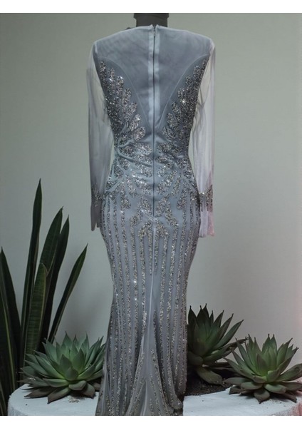 Özel Gün Nişan Söz Balo Taşlı Simli Payetli Tül Detay Özel Tasarım Balık Uzun Abiye Gri modelleri