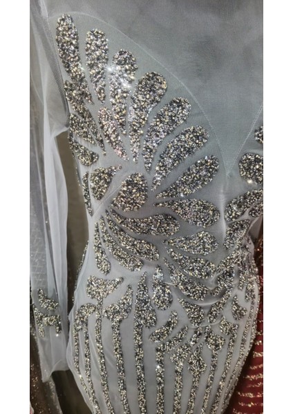 Özel Gün Nişan Söz Balo Taşlı Simli Payetli Tül Detay Özel Tasarım Balık Uzun Abiye Gri fırsatları