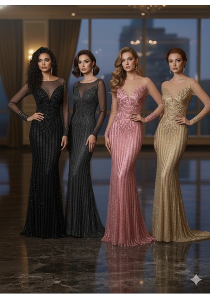 Özel Gün Nişan Söz Balo Taşlı Simli Payetli Tül Detay Özel Tasarım Balık Uzun Abiye Gri indirimleri