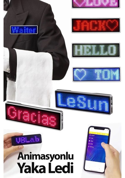 Buğz Matrix Kayan LED Yaka Rozeti Mobil Kontrollü Dijital Etiket 9×3cm