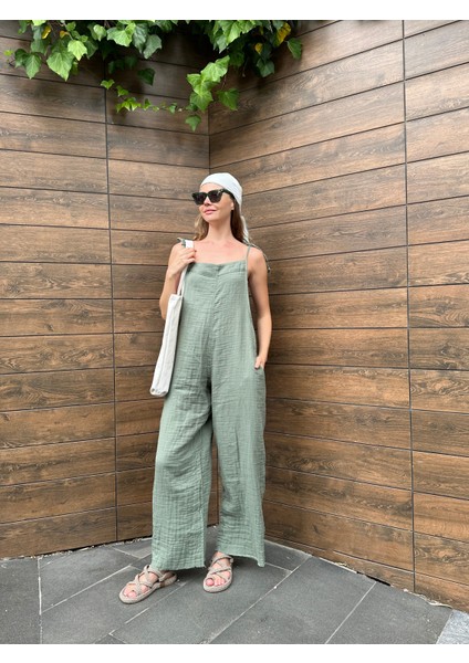Yeşil Kırışık Müslin Tulum Premium Terletmez Pamuklu