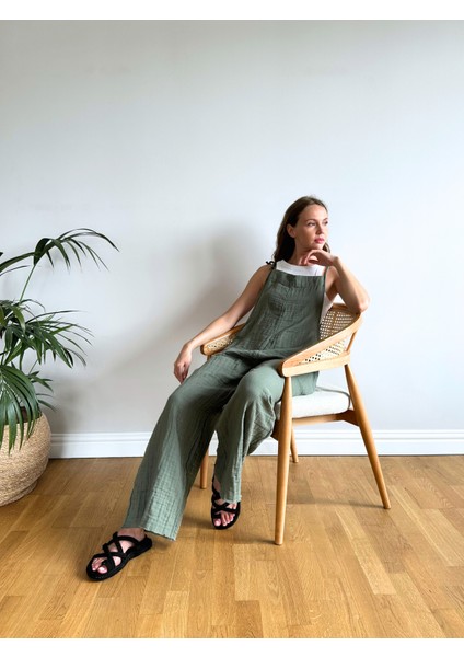 Yeşil Kırışık Müslin Tulum Premium Terletmez Pamuklu modelleri