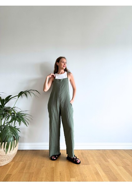 Yeşil Kırışık Müslin Tulum Premium Terletmez Pamuklu fırsatları