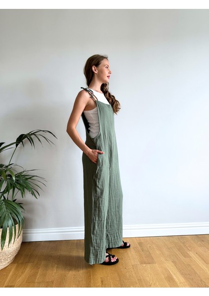 Yeşil Kırışık Müslin Tulum Premium Terletmez Pamuklu indirimleri