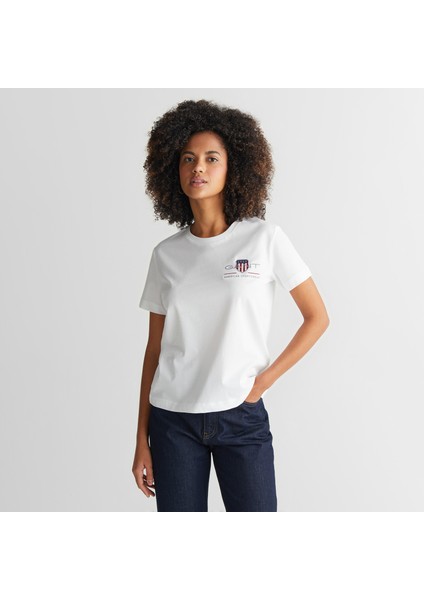 Kadın Beyaz Regular Fit Bisiklet Yaka Logolu T-Shirt