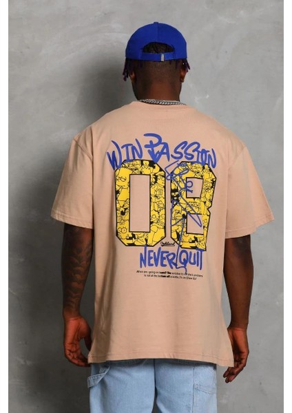 Unisex Oversize Baskılı Bisiklet Yaka T-Shirt - Bej indirimleri