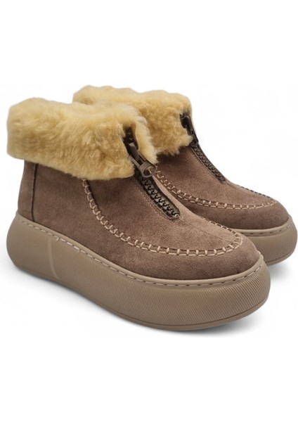 Kadın Kalın Taban Kürk Astarlı Önden Fermuarlı Bot Vizon - 36