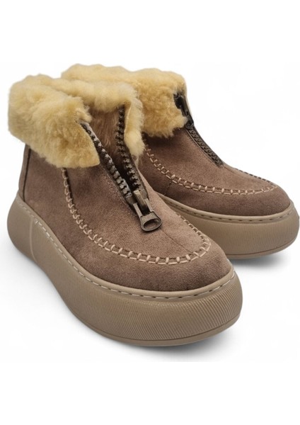Kadın Kalın Taban Kürk Astarlı Önden Fermuarlı Bot Vizon - 36 fiyatları