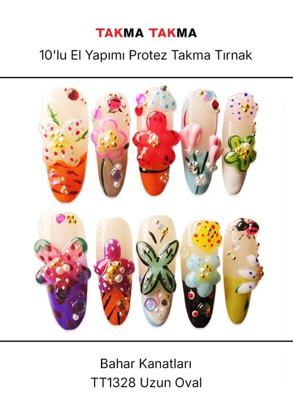 10'lu Renkli Uzun Oval TT1328 Tekrar Kullanılabilir El Yapımı Protez Takma Tırnak - Renkli-M fiyatları
