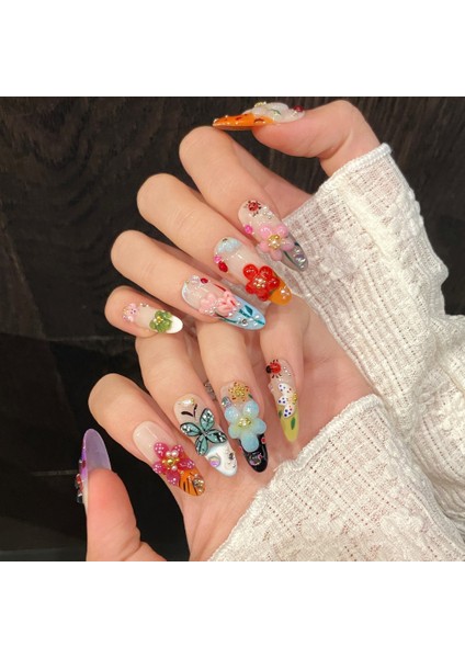 10'lu Renkli Uzun Oval TT1328 Tekrar Kullanılabilir El Yapımı Protez Takma Tırnak - Renkli-M fırsatları