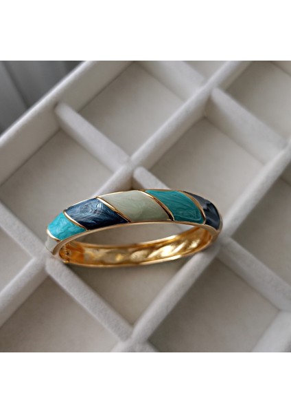 Mavi Turkuaz Renkli Desenli Gold Kaplama Mineli Kelepçe,vintage Kadın Bileklik modelleri