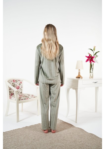 Kadın Yeşil Kadife Gömlek Pijama Takımı - 25364R fiyatları