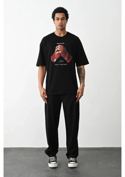 Unisex Baskılı Oversize T-Shirt - Siyah fırsatları