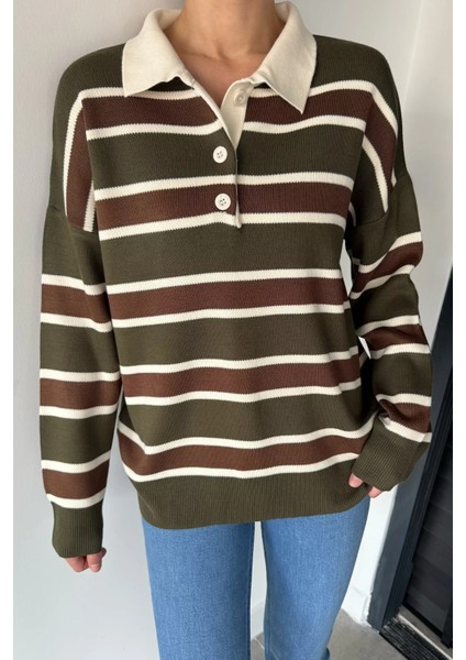 Kadın Yarım Düğmeli Çizgi Desenli Triko Kazak P-00019019 fiyatları