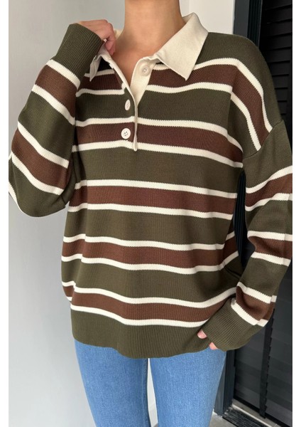Kadın Yarım Düğmeli Çizgi Desenli Triko Kazak P-00019019 modelleri