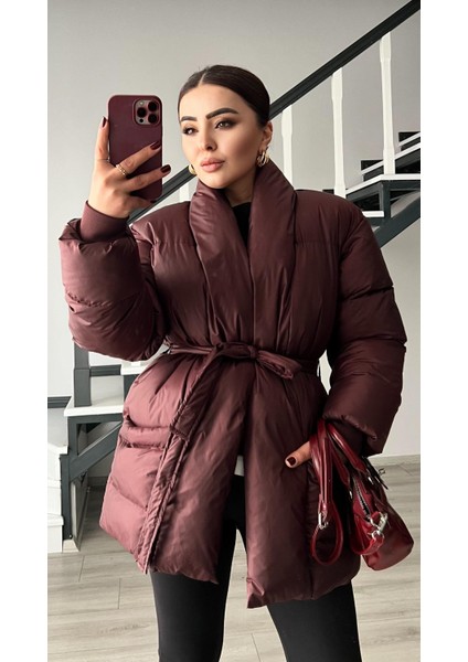 Bordo Kruvaze Kuşaklı Şişme Mont