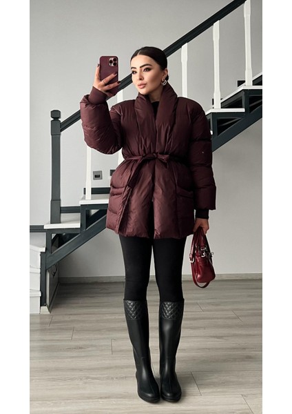 Bordo Kruvaze Kuşaklı Şişme Mont fiyatları