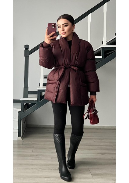 Bordo Kruvaze Kuşaklı Şişme Mont indirimleri